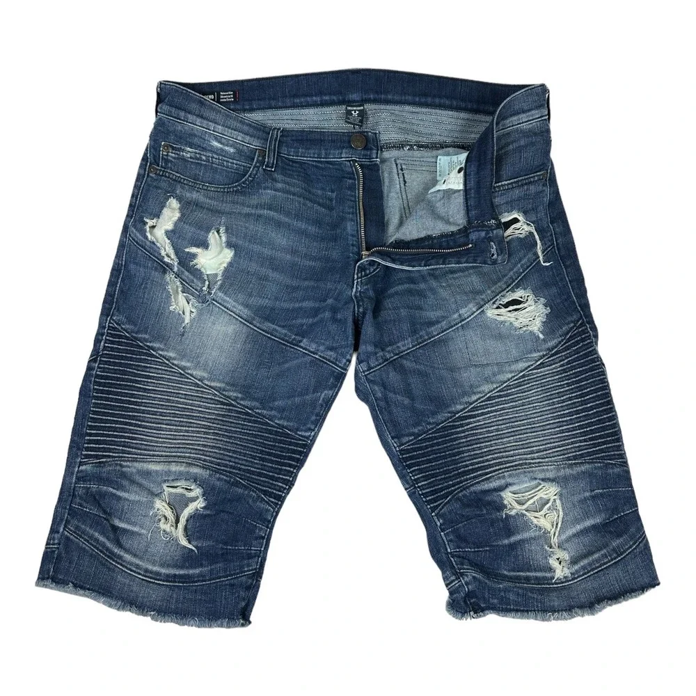 True Religion Geno Relaxed Slim Moto Mens Blue Denim Shorts Size 36 Distressed